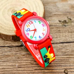 Kids cartoon quartz watch with red silicone strap, colorful numbers dial and excavator motif.