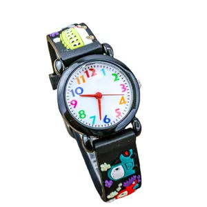 Children cartoon quartz watch with colorful numbers and cute excavator strap design for boys.