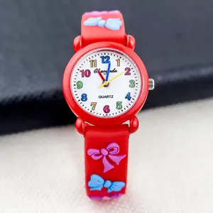 Kinder niedlich Schleife Silikon Quarzuhr, bunte Zahlen stylische Mädchen Armbanduhr.