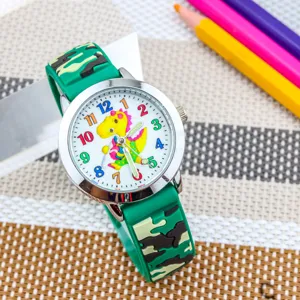 Orologio al quarzo con dinosauro cartone animato per bambini cinturino mimetico verde