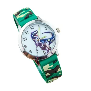 Orologio per bambini con motivo di dinosauro e cinturino in silicone mimetico verde.