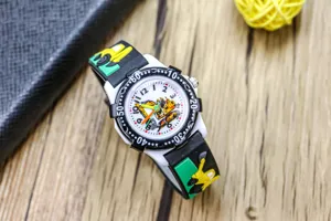 Kids cute excavator watch detail, waterproof cartoon construction vehicle design for boys.