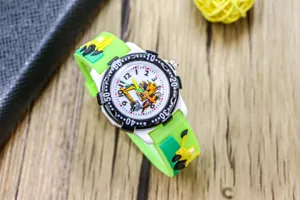 Kids cute excavator cartoon quartz watch with green silicone strap for boys and girls.