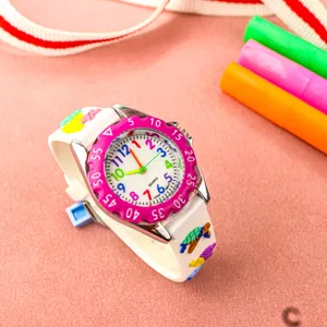 Kinder Quarzarmband mit bunten Zahlen, Ozean Motiv Armband und pinker Lünette für Kinder.