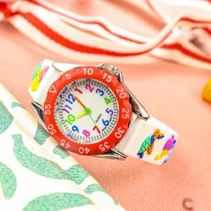 Kinder Quarzarmbanduhr mit bunten Ziffern, weissem Silikonarmband und Ozean Tiermotiv.
