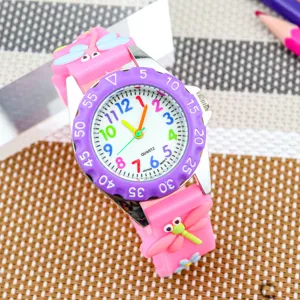 Kinderuhr süße Libelle Quarz Armbanduhr mit bunten Zahlen rosa Silikonarmband Geschenk