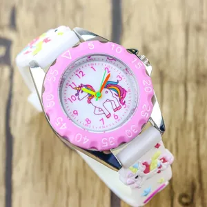 Cute children quartz watch with unicorn dial and white silicone strap for girls gift.