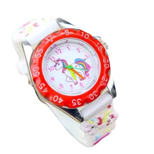Kids cute cartoon unicorn quartz watch with white silicone strap and red numeric bezel.