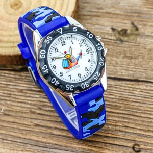 Montre à Quartz Lumineuse Camouflage pour Enfants Cadran Hélicoptère Bracelet en Silicone