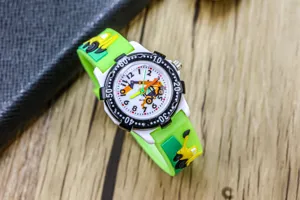 Kids cute excavator waterproof watch, green silicone strap cartoon electronic watch for boys.