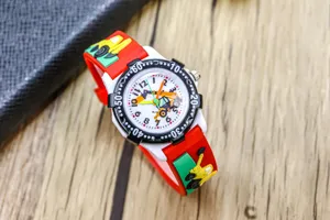 Kids cartoon excavator watch with silicone strap and clear dial for boys and girls daily wear.