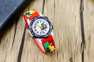 Children cute excavator cartoon watch with red silicone strap and white dial for boys and girls kids