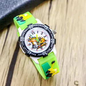 Kids cartoon excavator watch with green silicone strap, white case and black bezel.