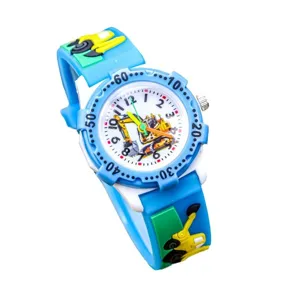 Kids cartoon excavator watch with blue silicone strap and cute engineering vehicle dial design.