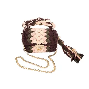 Stylish handmade crochet woven crossbody bag with chain strap and chic top handle for women