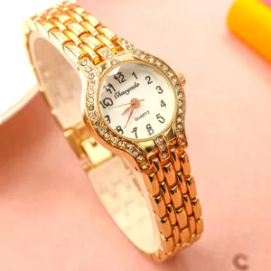 Montre à Quartz Décontractée pour Femme Mode Bracelet en Alliage Lunette en Strass Cadran Rond Montre-Bracelet pour Quotidien Bijoux de Femme