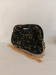 Sac Bandoulière Tissé à la Main avec Fil d'Or Contrasté Texture Vintage Rabat Chaîne Sac Épaule pour Femmes Luxe Messenger