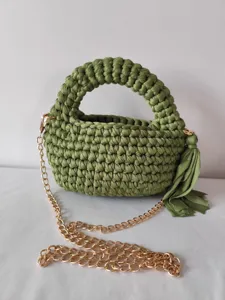 Handmade crochet crossbody chain bag with tassel in olive green, stylish casual clutch purse.