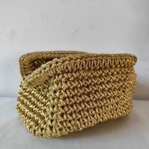 Golden woven clutch bag, vintage style evening purse, elegant handmade woven handbag for women.