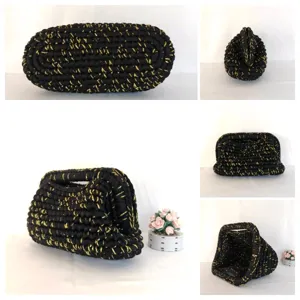 Handgemachte schwarze goldene gewebte Häkel Clutch Tasche Vintage Textur Detail Handtasche 2025