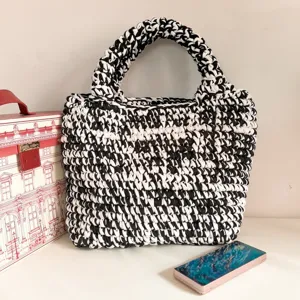 Handmade black white crochet tote bag large capacity woven handbag casual knit shoulder bag