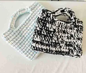 Handcrafted crochet fabric tote bag, stylish color-block small square handbag for women.