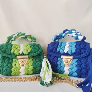 Women Woven Handbag Color Blocking Crochet Shoulder Bag Fashion Chain Strap Top Handle Bag Daily Purse