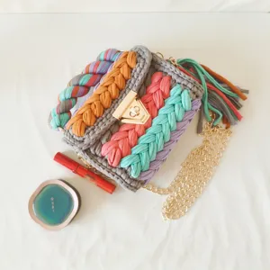 Handmade Crochet Rainbow Woven Shoulder Bag Colorful Knit Crossbody Bag With Metal Lock Chain Strap Fashion Daily Purse