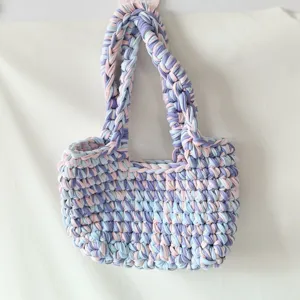 Handmade crochet tote bag colorful mixed knit shoulder bag casual knitted handbag for women