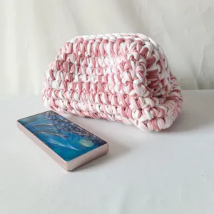Handmade crochet clutch bag for women, pink and white t-shirt yarn puffy pouch, stylish everyday casual bag.