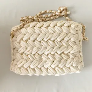 Handmade woven crossbody bag, off-white cloth yarn crochet women shoulder handbag style.