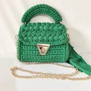 Green handmade crochet shoulder bag for women, knitted top handle handbag with chain.