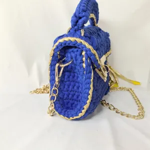 Handmade crochet t-shirt yarn shoulder bag with gold chain and trim for women stylish accessory