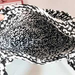 Extra large handmade black and white crochet cloth strip tote bag for women daily use