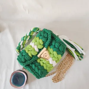 Handmade crochet woven women shoulder bag green white colorblock crossbody bag with chain strap