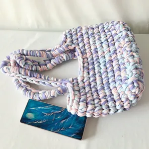 Handmade crochet tote bag, colorful knit shoulder bag, casual contrast color knit handbag.