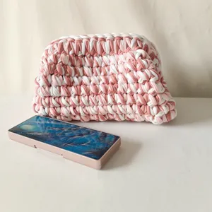 Handmade crochet woven clutch bag for women, pink and white fabric pouch casual bag.