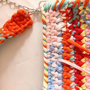 Dopamine style colorful woven crochet shoulder bag detail view fashion multi-color fabric purse