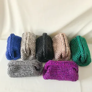 Handmade crochet metallic clutch bag, vibrant colors woven shoulder frame bag.