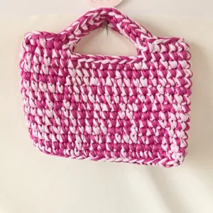 Handmade crochet pink white color block handbag cute woven small square shoulder bag aesthetic