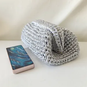 Silver cloth crochet clutch bag, handmade metallic woven underarm bag for women, stylish handbag.