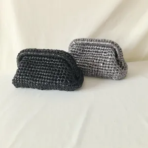 Handmade crochet clutch bag, chic fabric woven shoulder evening bag, vintage frame purse for women.