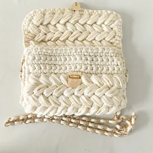 Handmade crochet crossbody bag for women, stylish beige cloth yarn shoulder bag with gold chain.
