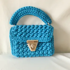 Handmade crochet knitted shoulder bag for women blue chic style top handle handbag.