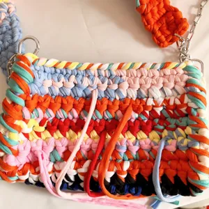 Colorful dopamine crochet shoulder bag fabric strip handmade woven handbag for women stylish