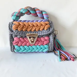 Handmade colorful fabric strip crochet shoulder crossbody bag, rainbow knit handbag.