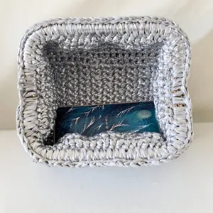 Silver metallic ribbon crochet clutch bag interior detail handcrafted woven evening purse