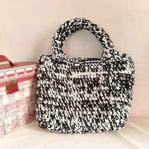 Handmade crochet black and white woven tote bag, large capacity stylish daily handbag.