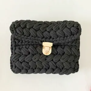 Handmade crochet crossbody bag for women, black t-shirt yarn shoulder handbag with metal lock.