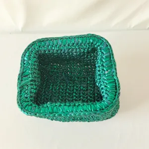 Handmade metallic crochet pouch, dark green iridescent woven fabric handmade storage container.